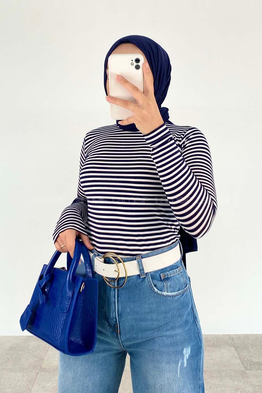 Lamelif Yarım Balıkçı Yaka Çizgili Body Lacivert-Beyaz