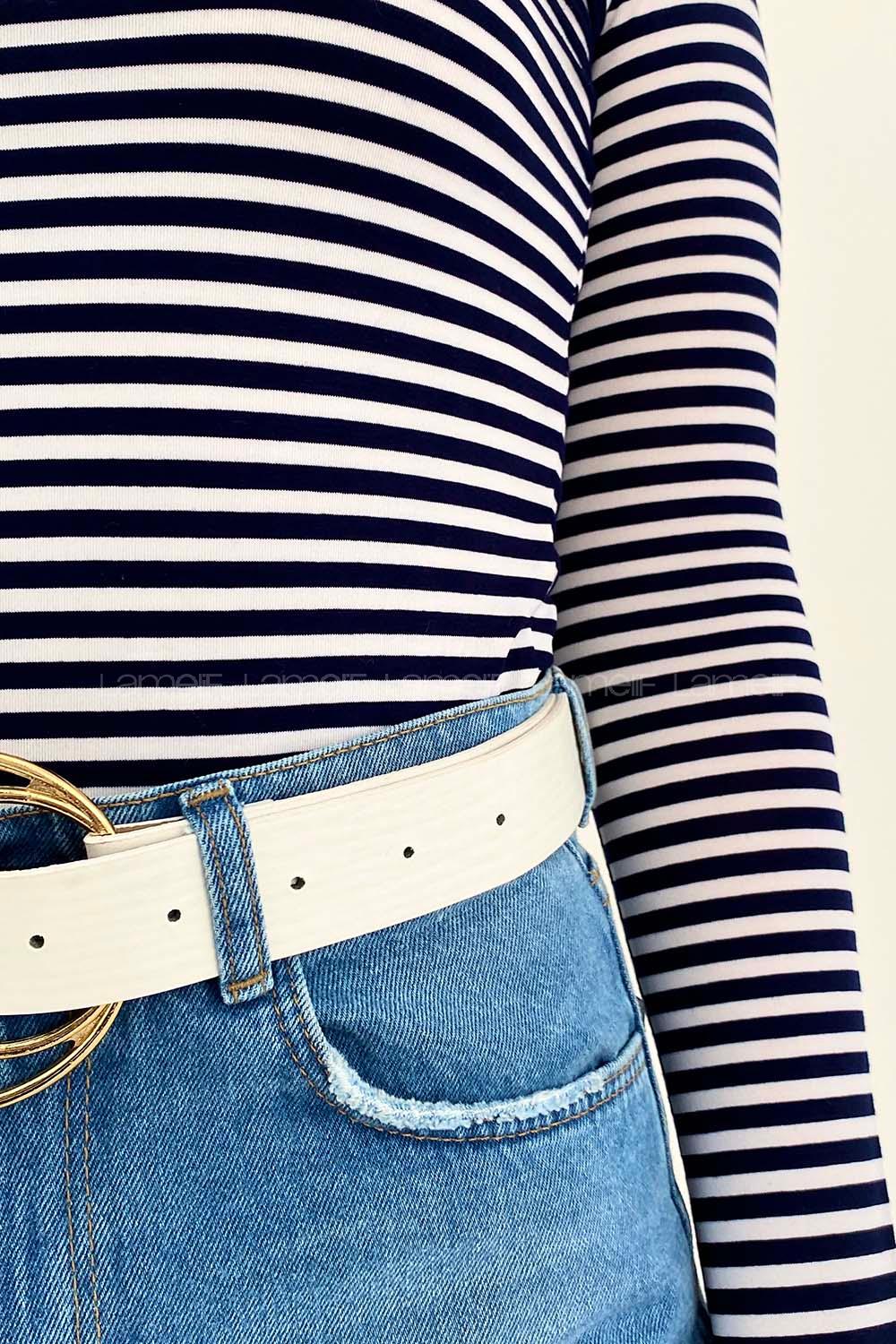 Lamelif Yarım Balıkçı Yaka Çizgili Body Lacivert-Beyaz