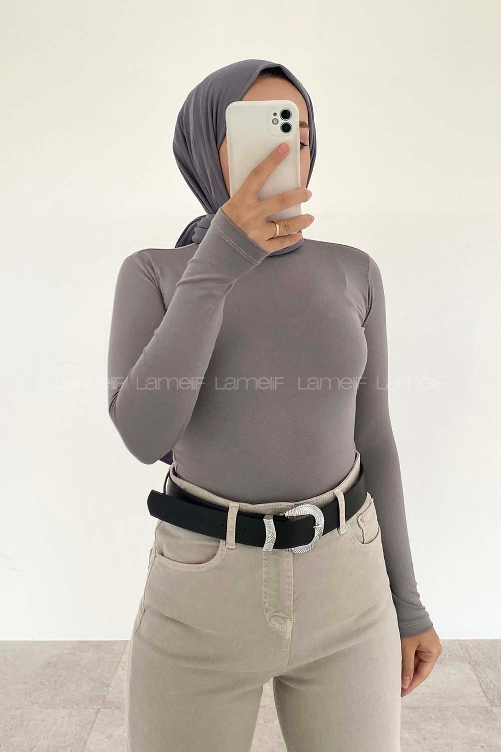 Lamelif Yarım Balıkçı Yaka Düz Renk Body Gri