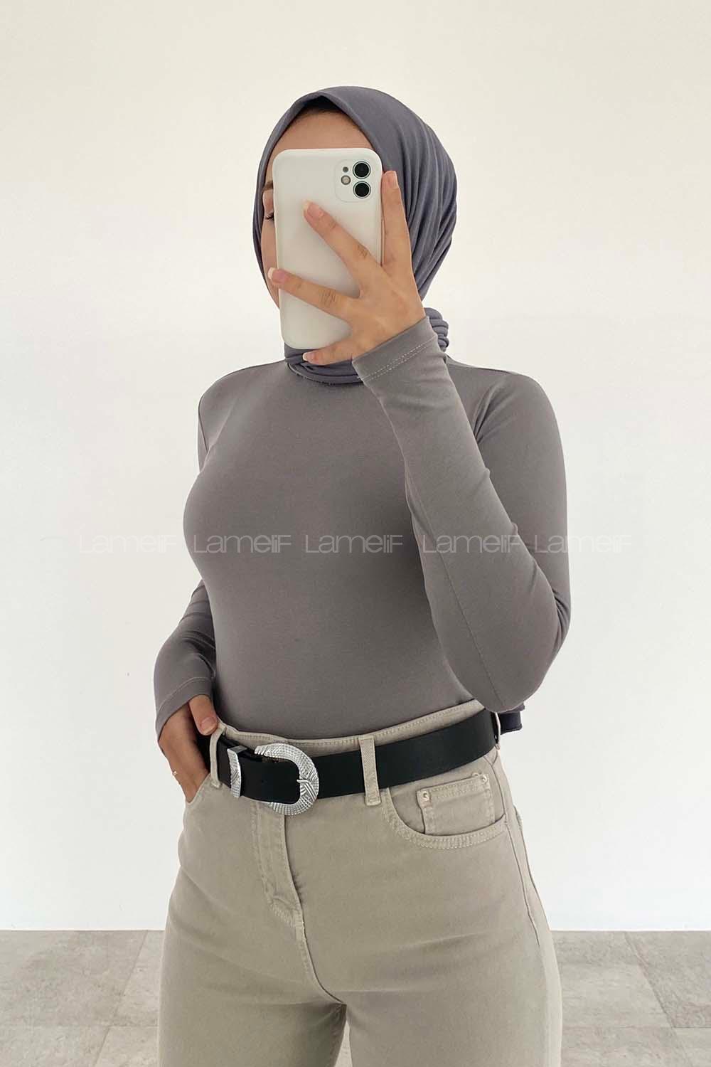 Lamelif Yarım Balıkçı Yaka Düz Renk Body Gri