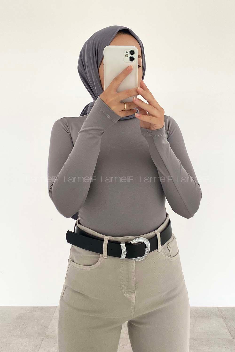 Lamelif Yarım Balıkçı Yaka Düz Renk Body Gri