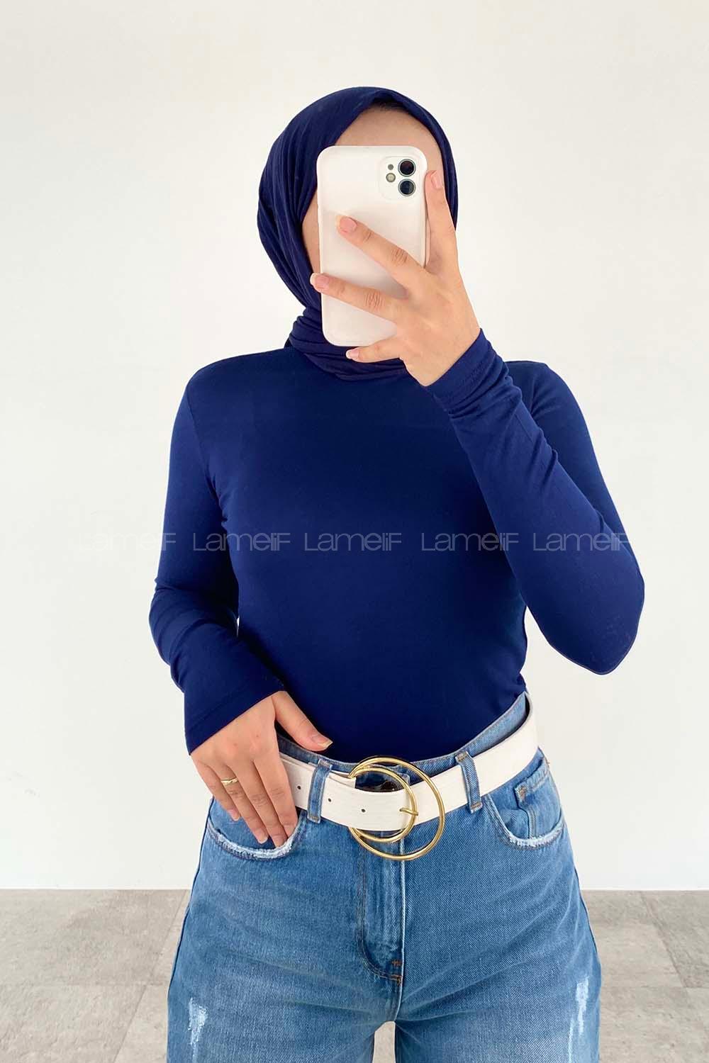 Lamelif Yarım Balıkçı Yaka Düz Renk Body Lacivert