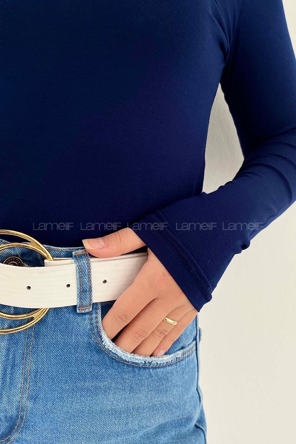 Lamelif Yarım Balıkçı Yaka Düz Renk Body Lacivert