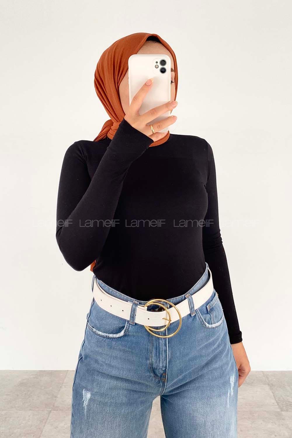 Lamelif Yarım Balıkçı Yaka Düz Renk Body Siyah Renk