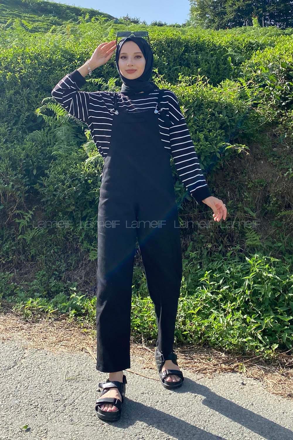 Modalamelif Bahçıvan Askılı Kot Slopet Tulum Siyah