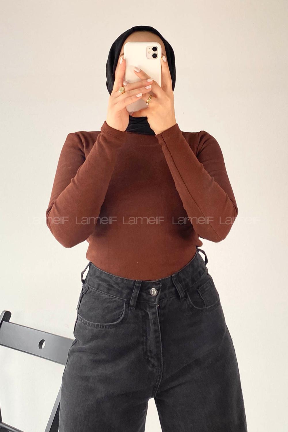 Lamelif Balıkçı Yaka Fitilli Body Acı Kahve