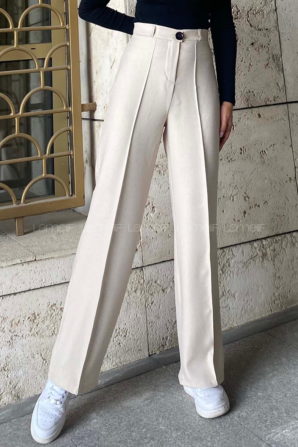 Modalamelif Yün Efekt Çimalı Pantolon Krem