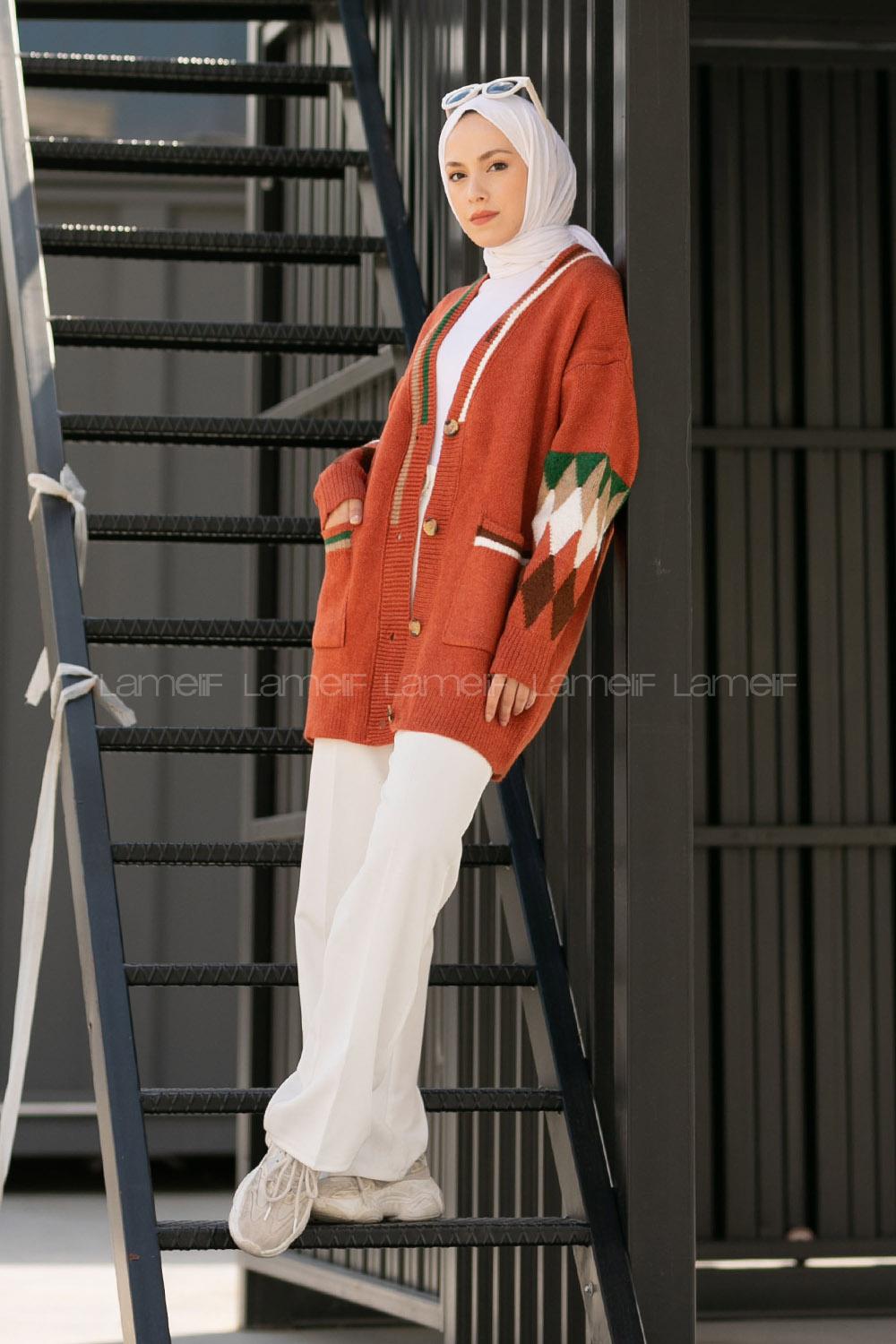 Modalamelif Çift Cepli Kol Garnili Hırka Kiremit