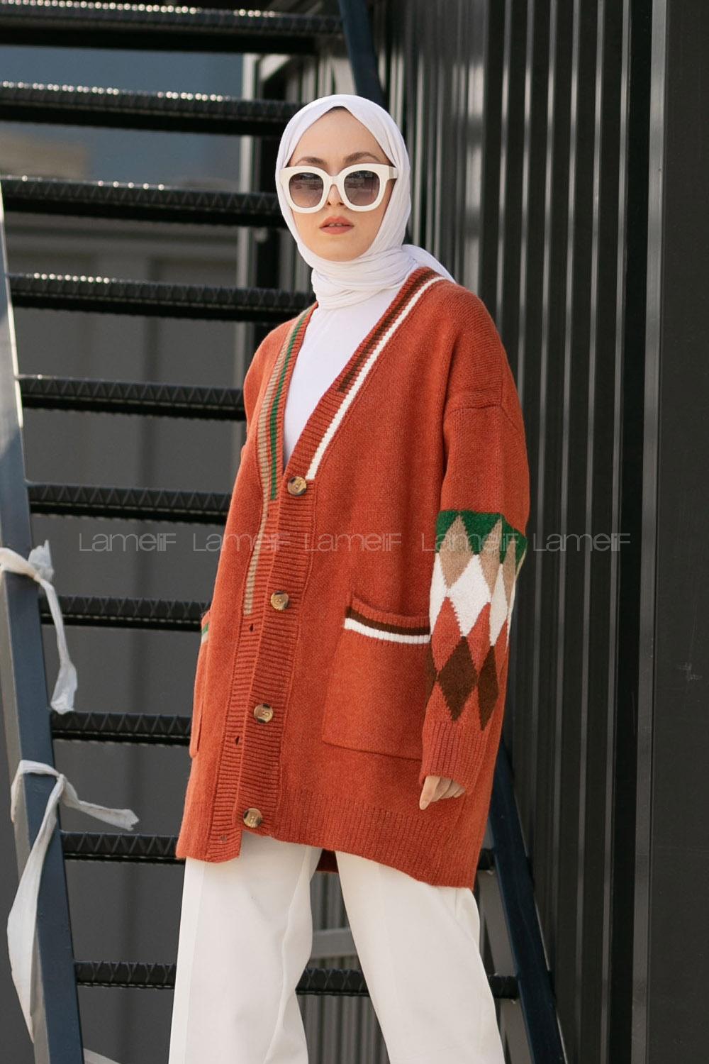 Modalamelif Çift Cepli Kol Garnili Hırka Kiremit