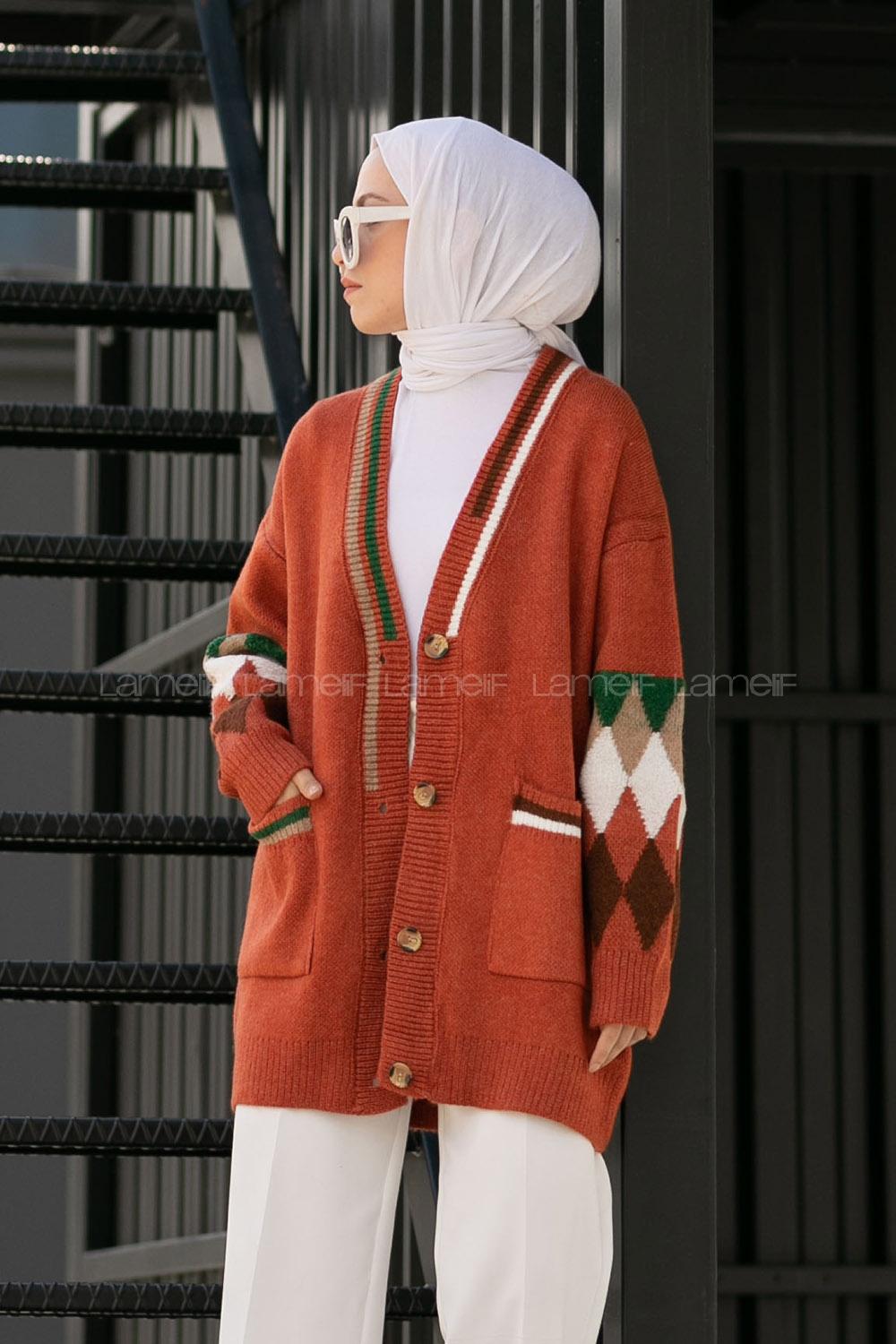 Modalamelif Çift Cepli Kol Garnili Hırka Kiremit