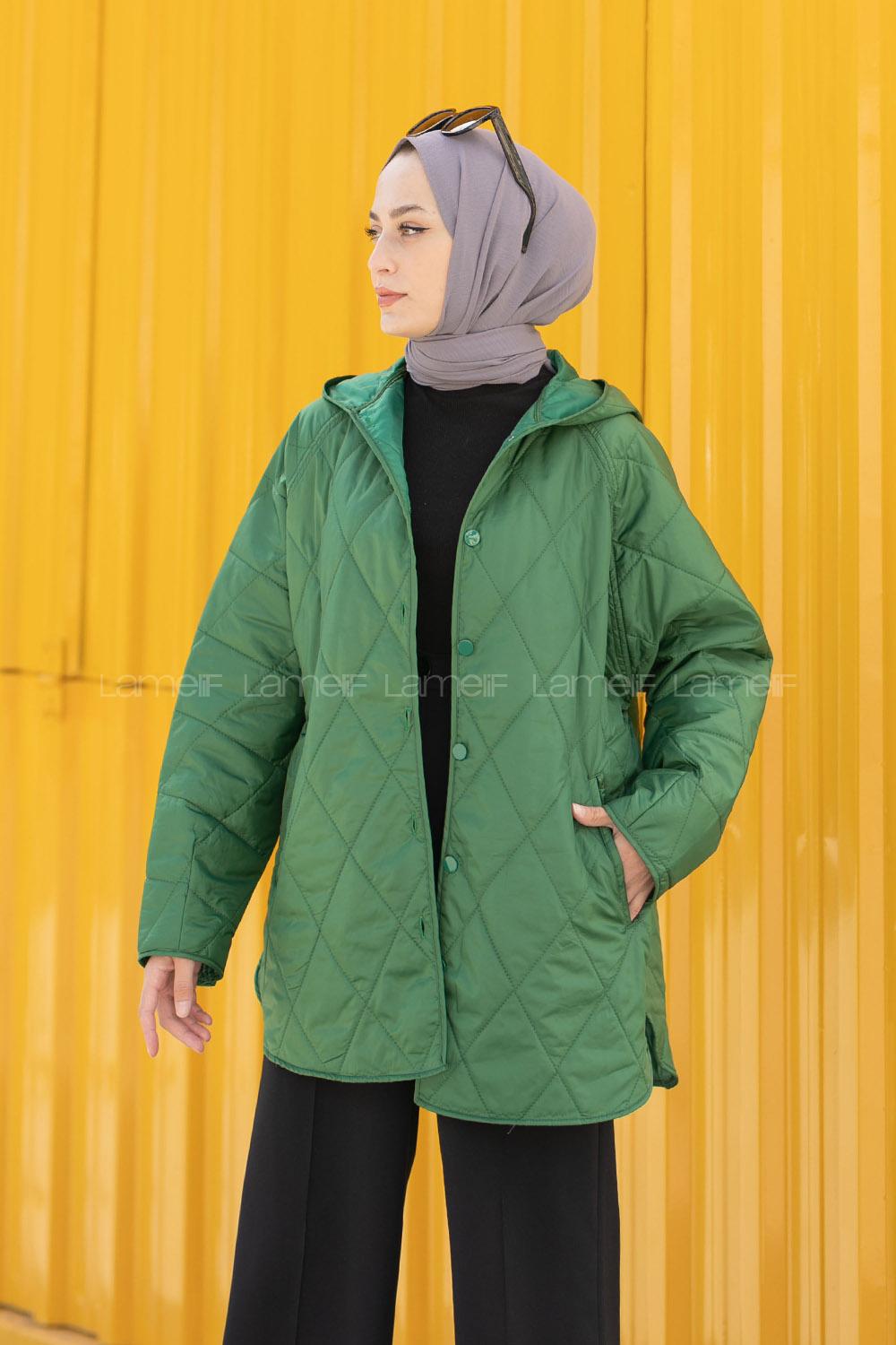 Modalamelif Kapüşonlu Kapitone Mont Yeşil