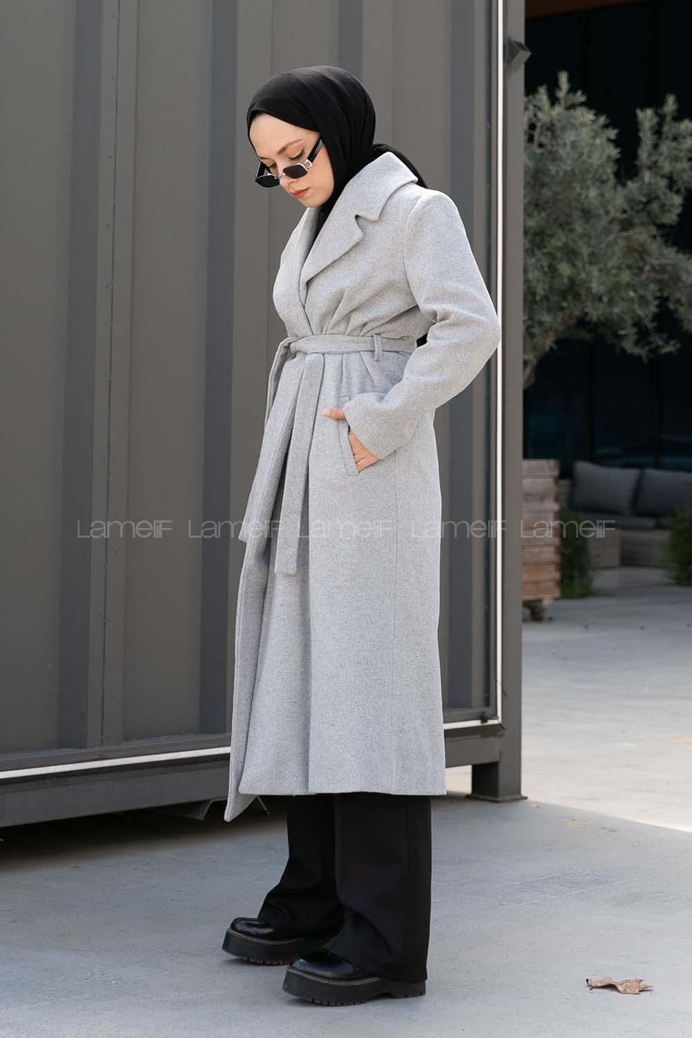 Gray Shirt Collar Long Arm Stamp Fabric Coat