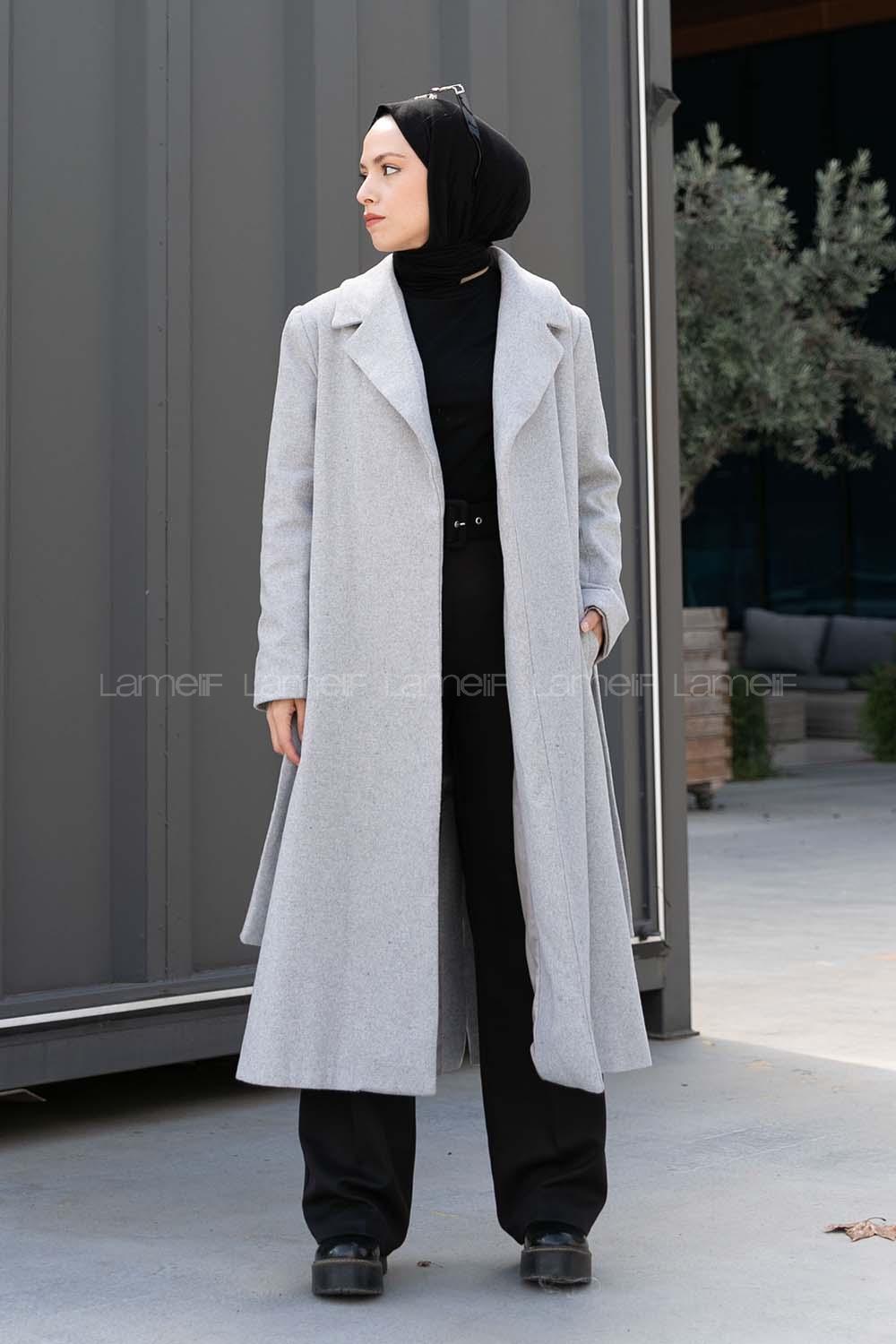 Gray Shirt Collar Long Arm Stamp Fabric Coat