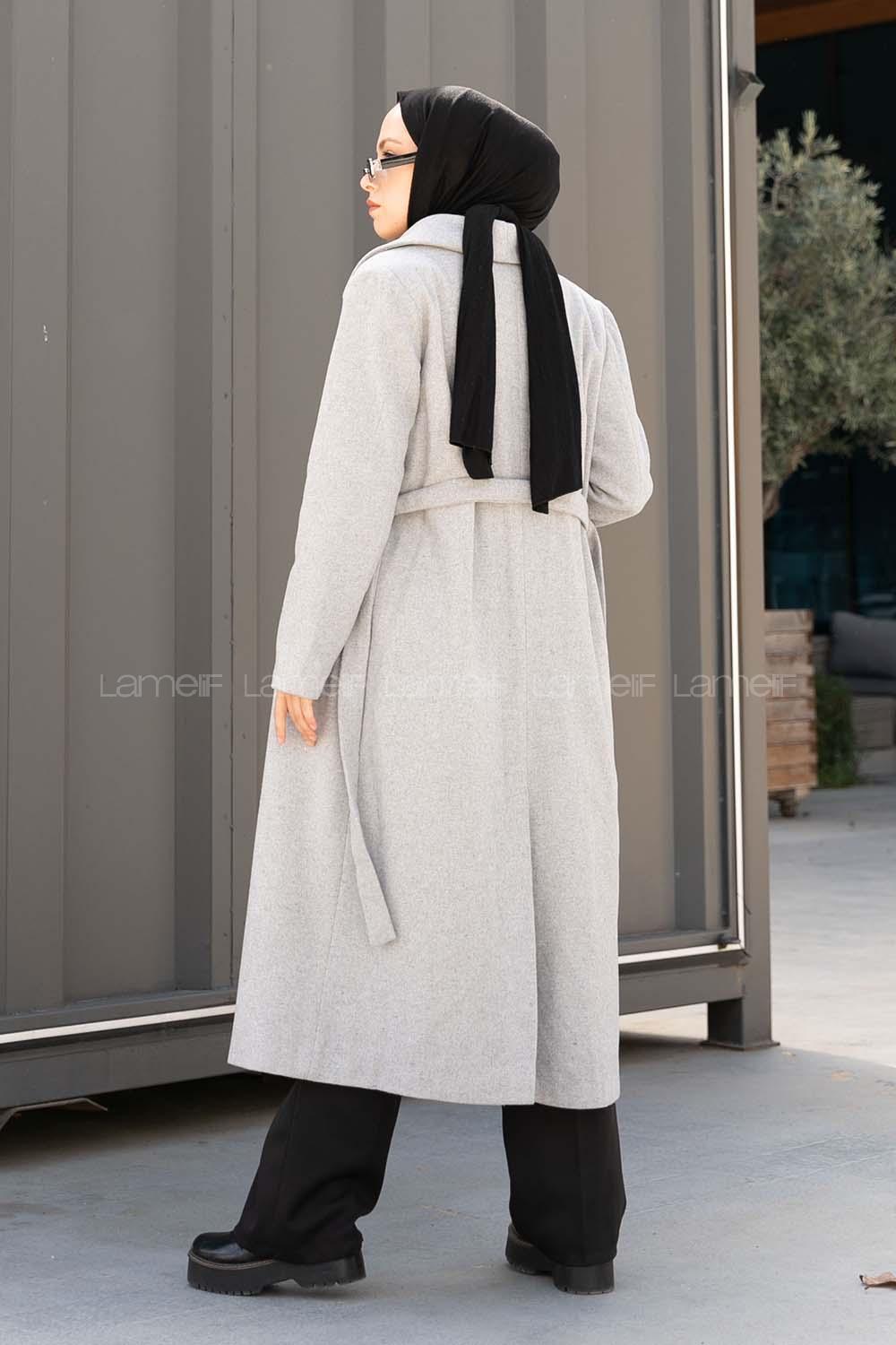 Gray Shirt Collar Long Arm Stamp Fabric Coat