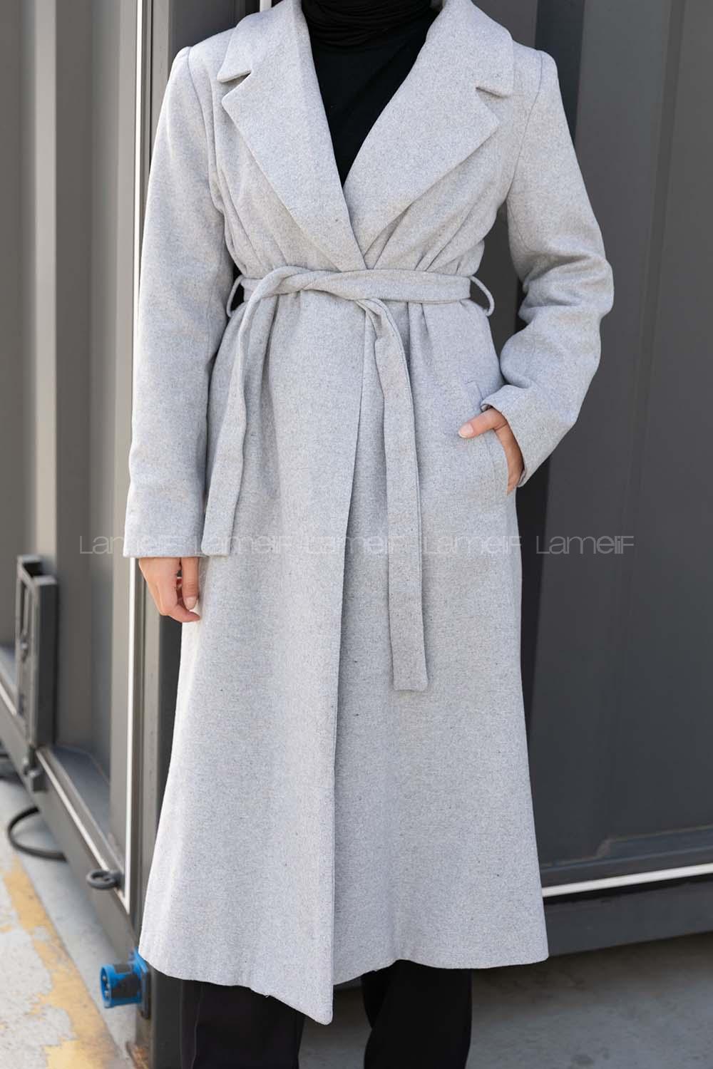 Gray Shirt Collar Long Arm Stamp Fabric Coat