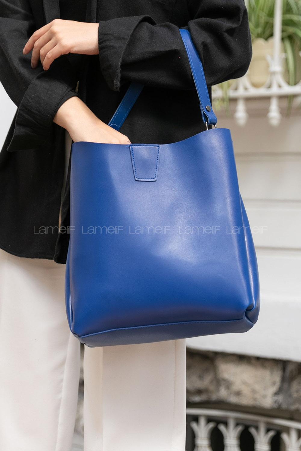 Lamelif  Mıknatıslı Fermuar Bölmeli Omuz Çantası Mavi