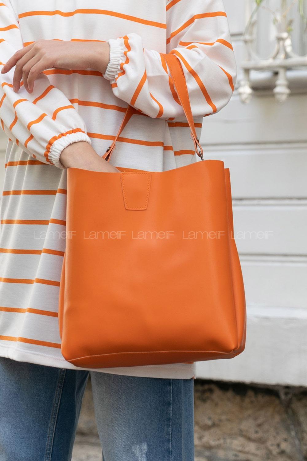 Lamelif  Mıknatıslı Fermuar Bölmeli Omuz Çantası Turuncu