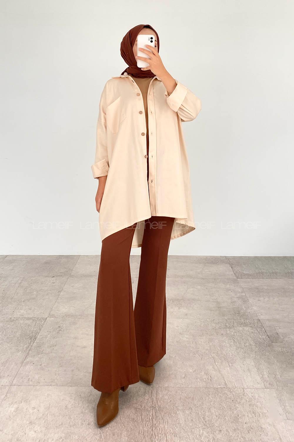Modalamelif Kapaklı Tek Cepli Tahta Düğmeli Gömlek Bej
