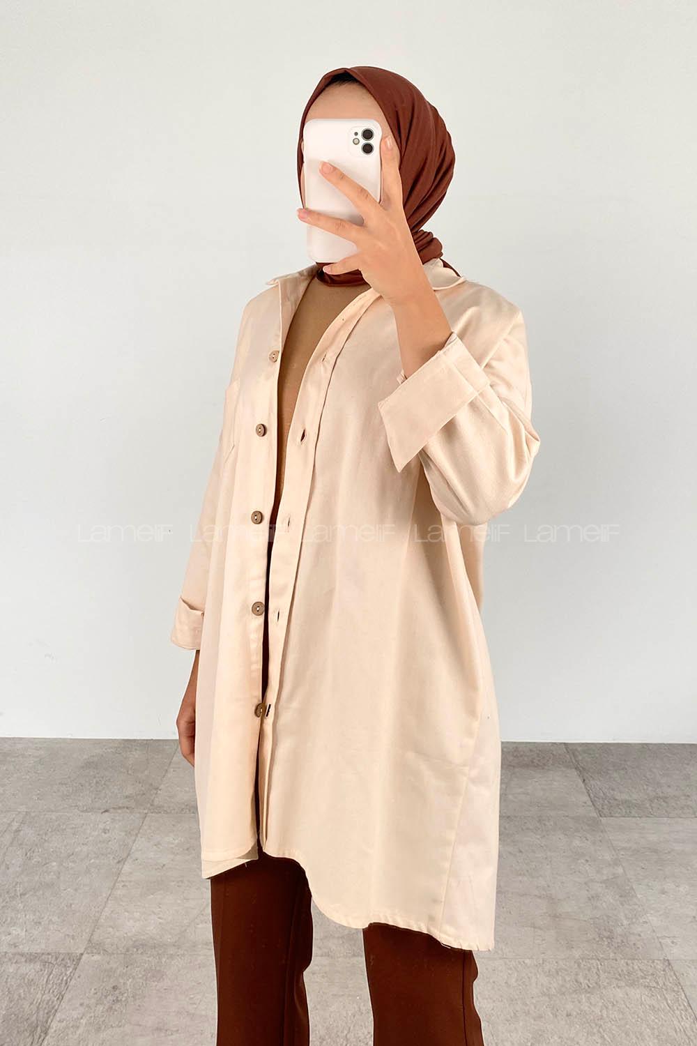 Modalamelif Kapaklı Tek Cepli Tahta Düğmeli Gömlek Bej