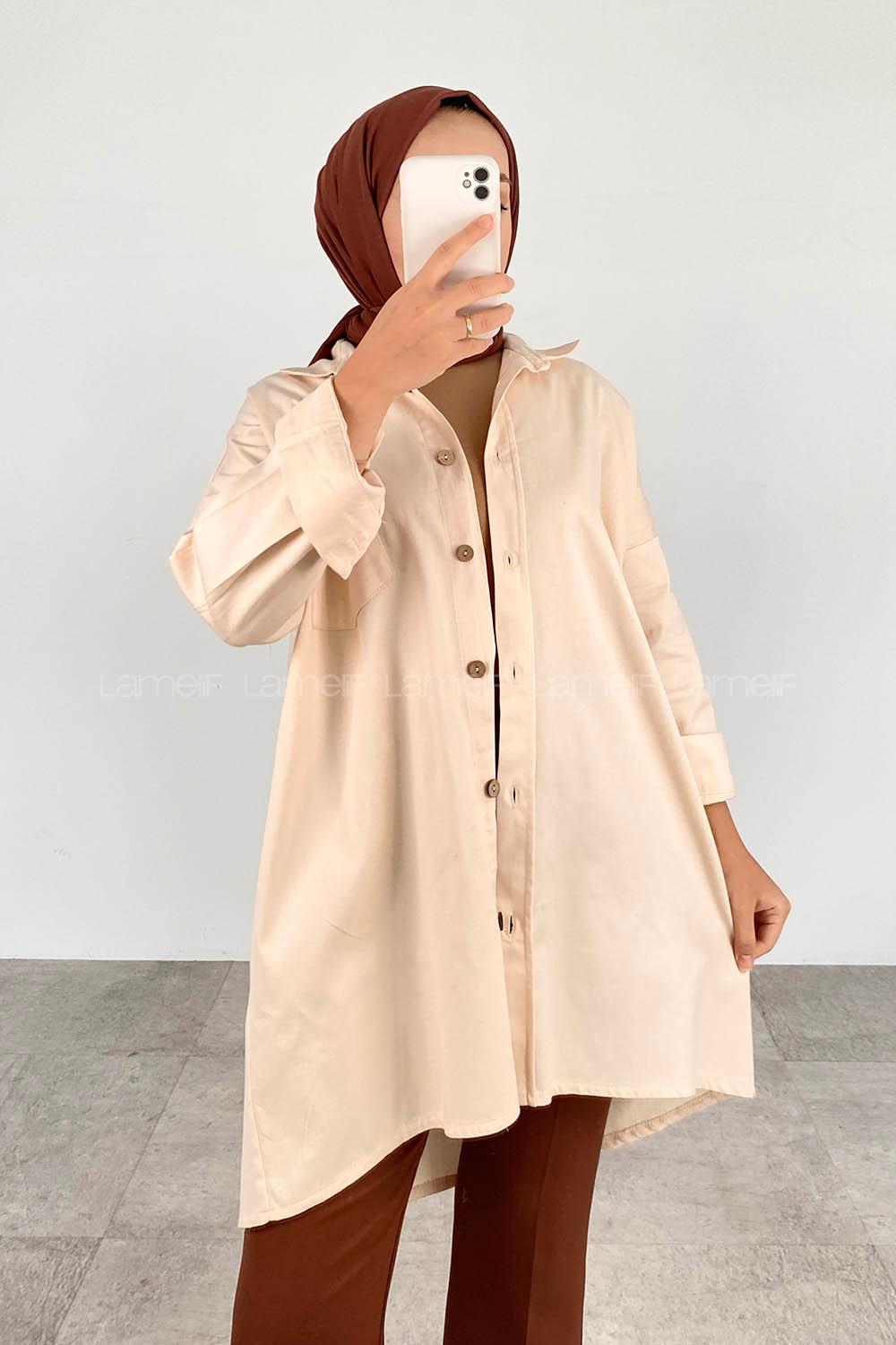Modalamelif Kapaklı Tek Cepli Tahta Düğmeli Gömlek Bej