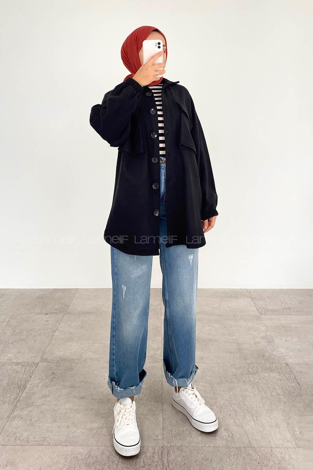 Lamelif Körük Cepli Yüksek Kalite Kaşe Ceket Siyah