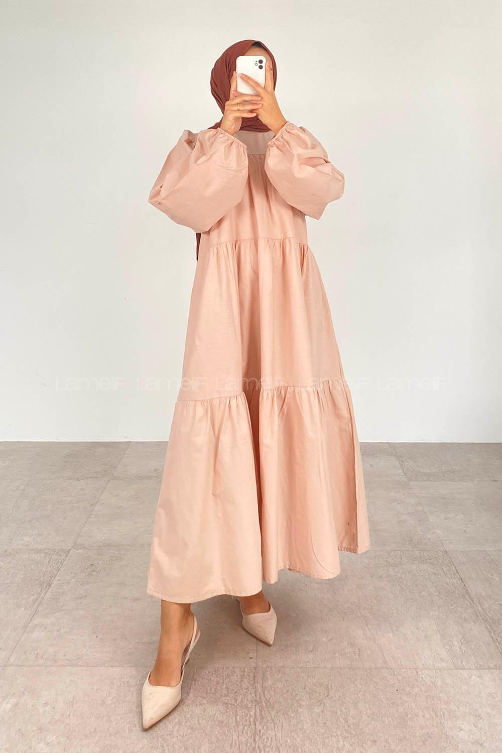 Modalamelif Poplin Uzun Balon Kol Elbise Taş Renk