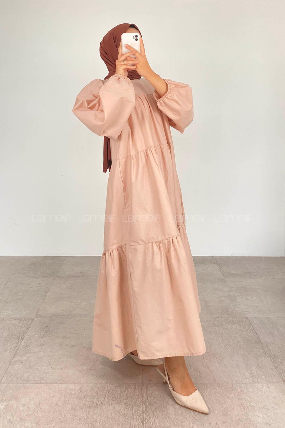 Modalamelif Poplin Uzun Balon Kol Elbise Taş Renk