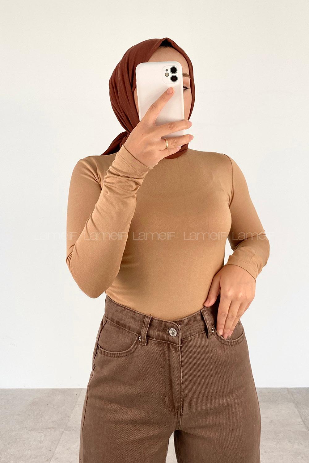 Lamelif Yarım Balıkçı Yaka Düz Renk Body Sütlü Kahve