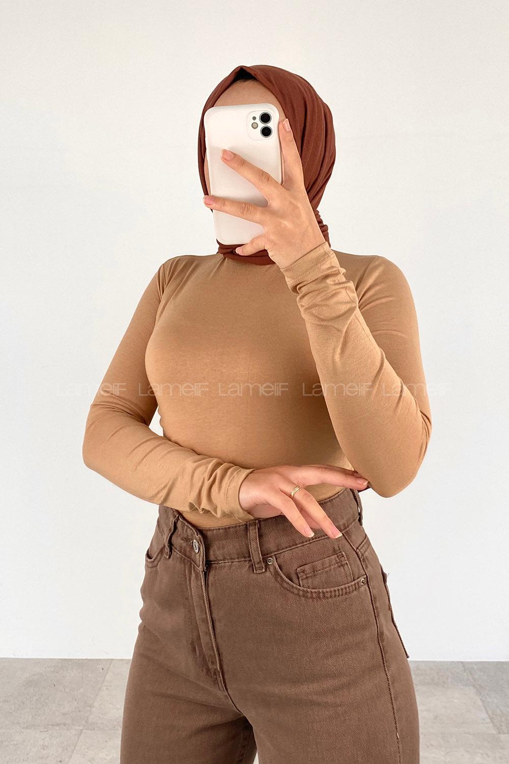 Lamelif Yarım Balıkçı Yaka Düz Renk Body Sütlü Kahve