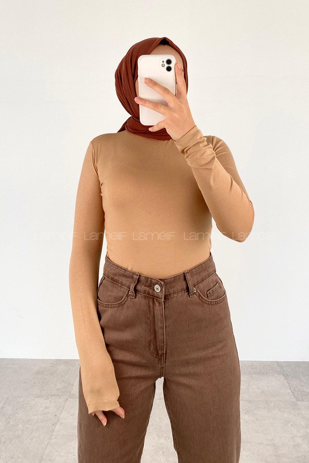 Lamelif Yarım Balıkçı Yaka Düz Renk Body Sütlü Kahve