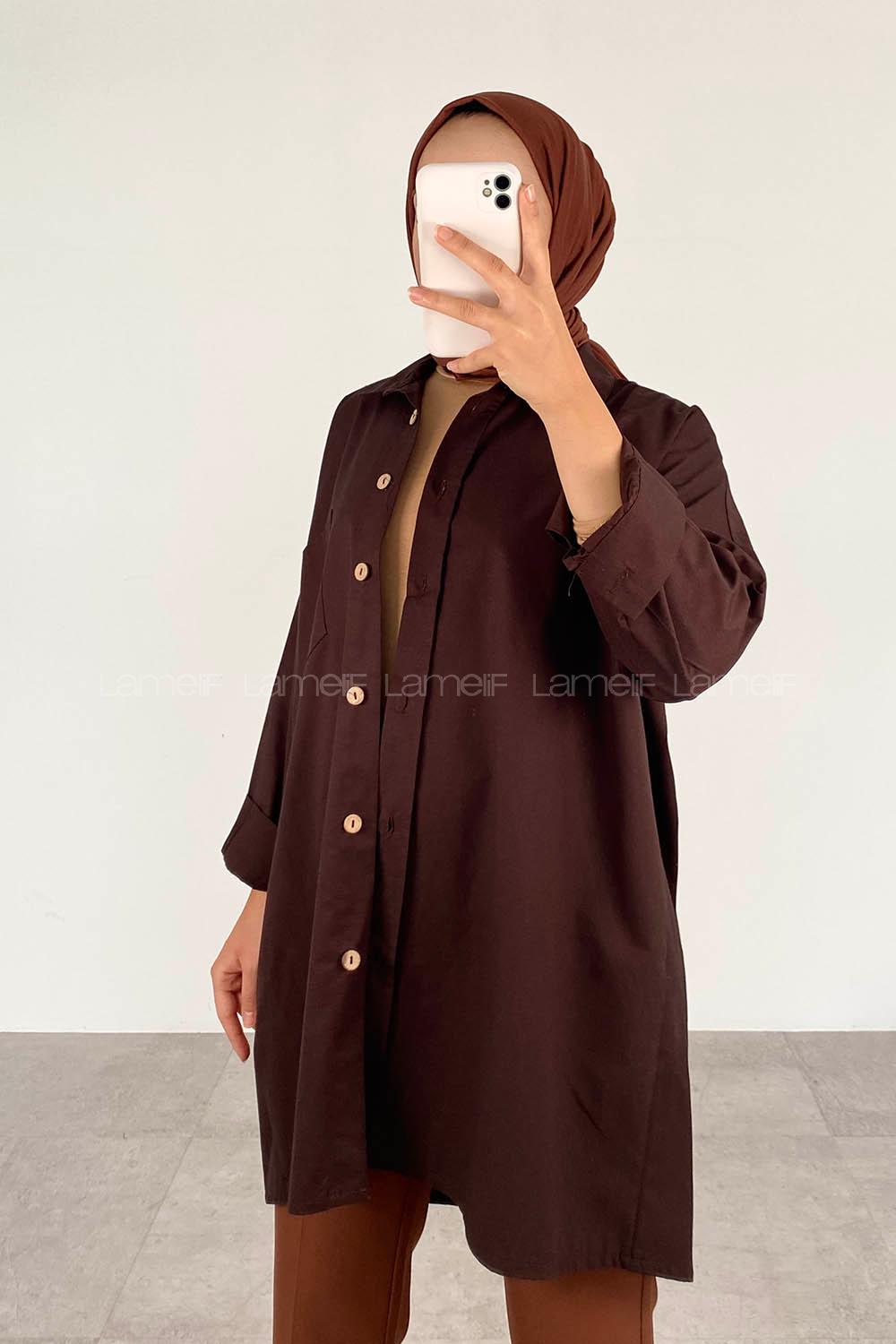 ModalamelModalamelif Tek Cepli Tahta Düğmeli Gömlek Çikolata Kahve