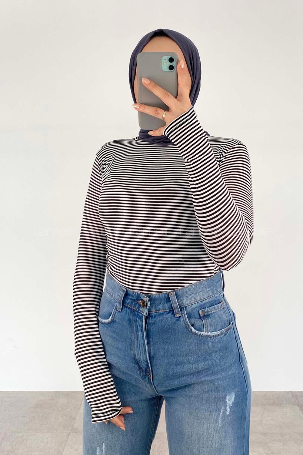 Lamelif Yarım Balıkçı Yaka İnce Çizgili Body