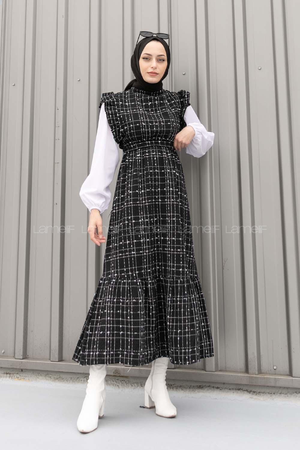 Lamelif  Sıfır Kol Detaylı Tesettür Elbise Siyah
