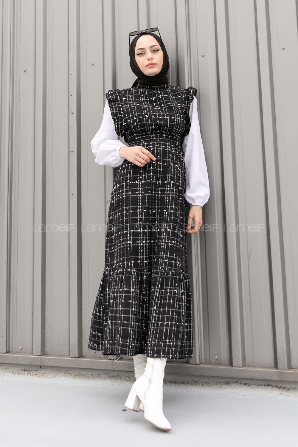 Lamelif  Sıfır Kol Detaylı Tesettür Elbise Siyah