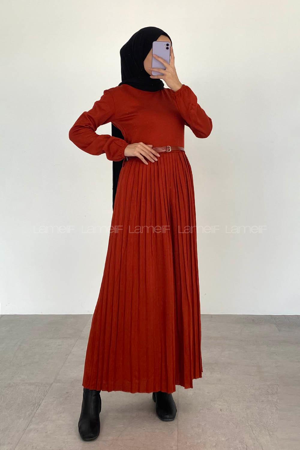 Eteği Piliseli Beli Kemer Detaylı Triko Elbise Koyu Kiremit