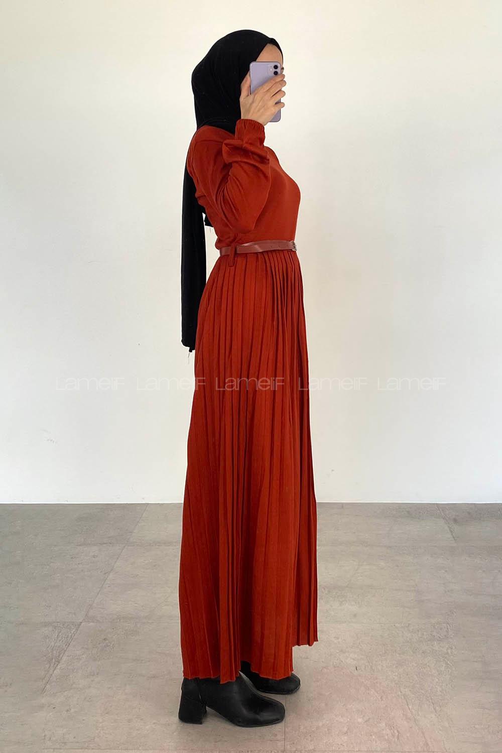 Eteği Piliseli Beli Kemer Detaylı Triko Elbise Koyu Kiremit