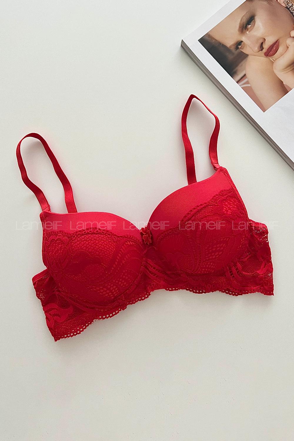 Lamelif Ebru Destekli Slikonlu Kulaklı Yarı Dantel Sütyen Kırmızı Renk