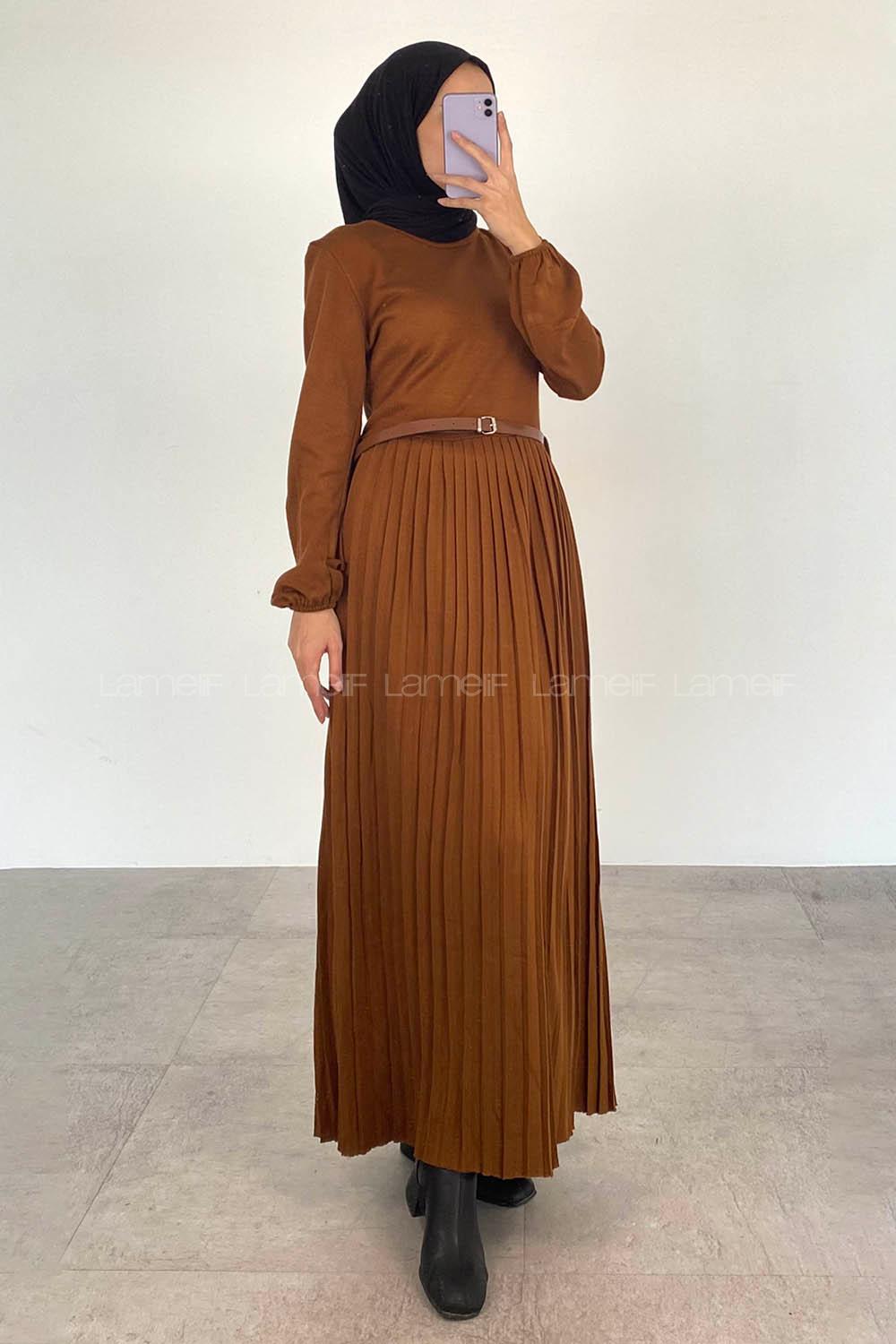 Modalamelif Eteği Piliseli Beli Kemer Detaylı Triko Elbise Kahverengi