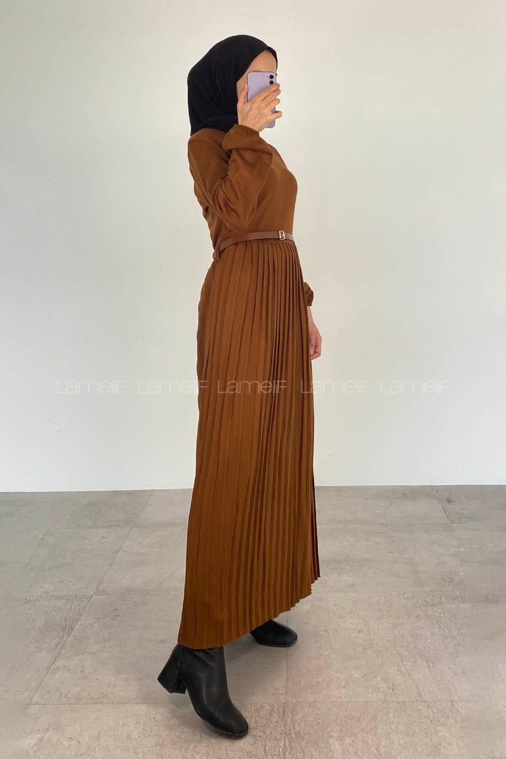 Modalamelif Eteği Piliseli Beli Kemer Detaylı Triko Elbise Kahverengi