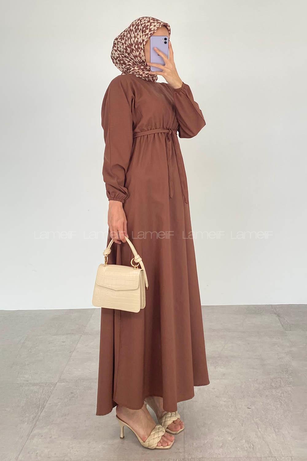 Chocolate Brown Medium Crew Neck Cotton Fabric Unprinted Dresess