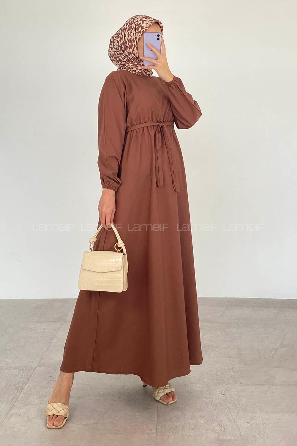 Chocolate Brown Medium Crew Neck Cotton Fabric Unprinted Dresess