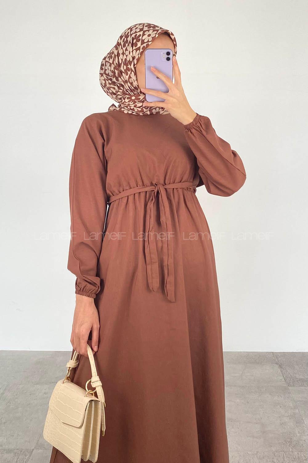 Chocolate Brown Medium Crew Neck Cotton Fabric Unprinted Dresess