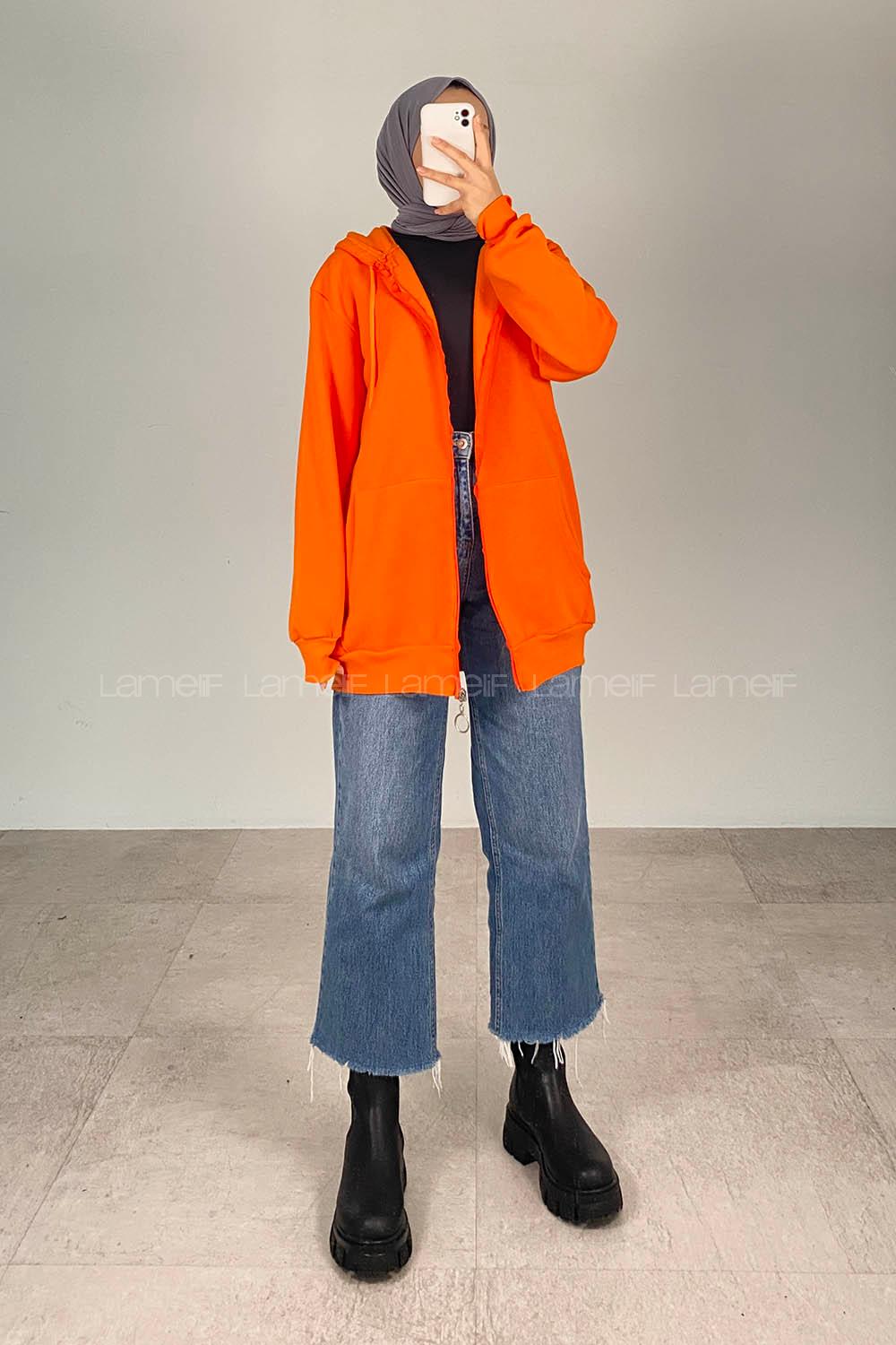 Lamelif Kapüşon Detaylı Kanguru Cepli Fermuarlı Hırka Turuncu