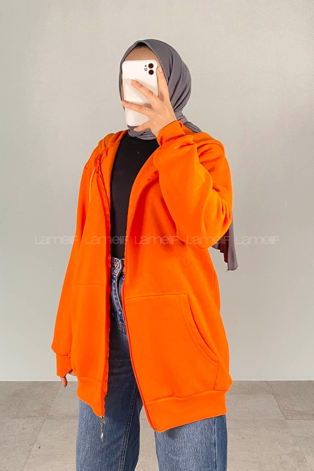 Lamelif Kapüşon Detaylı Kanguru Cepli Fermuarlı Hırka Turuncu