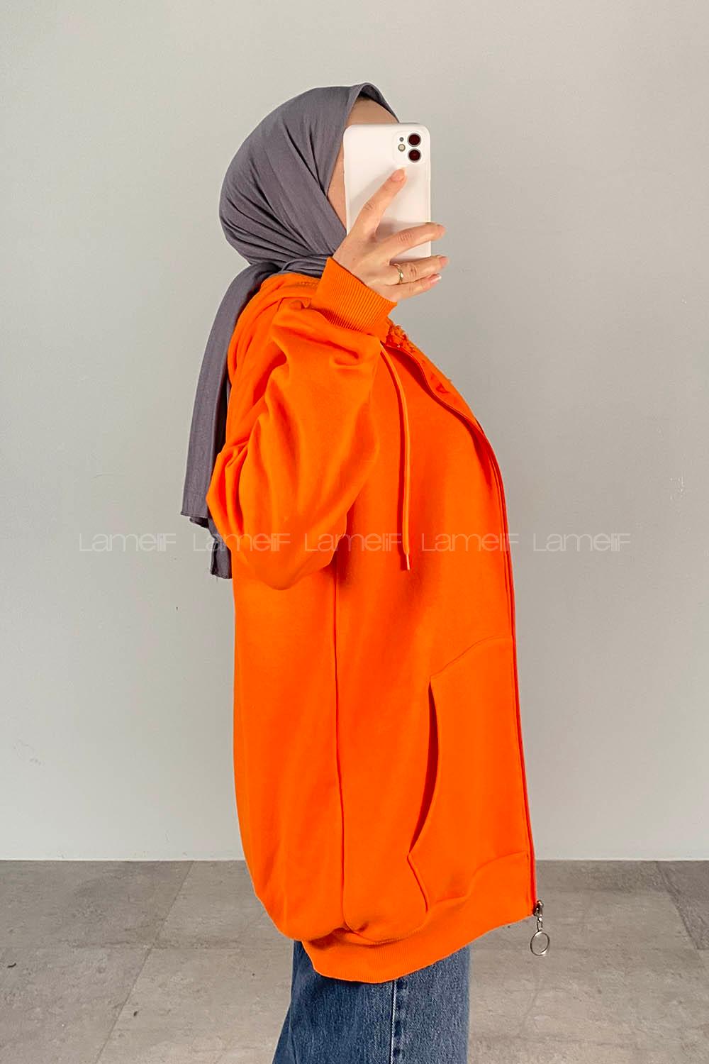 Lamelif Kapüşon Detaylı Kanguru Cepli Fermuarlı Hırka Turuncu