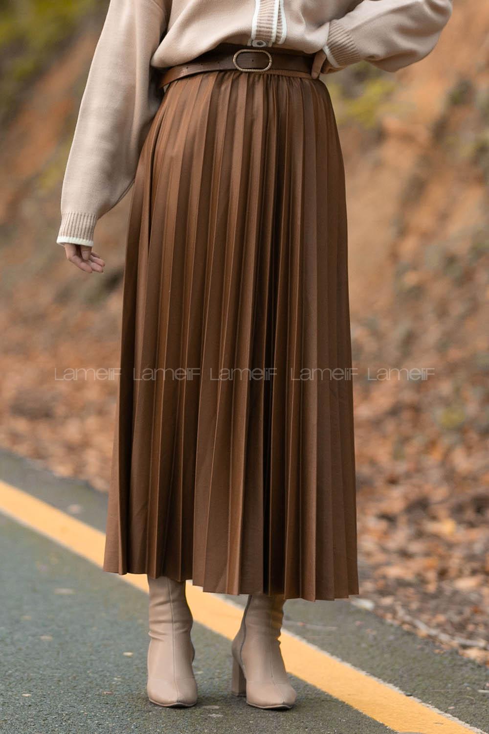 Modalamelif Beli Lastikli Deri Görünümlü Laklı Etek Acı Kahve