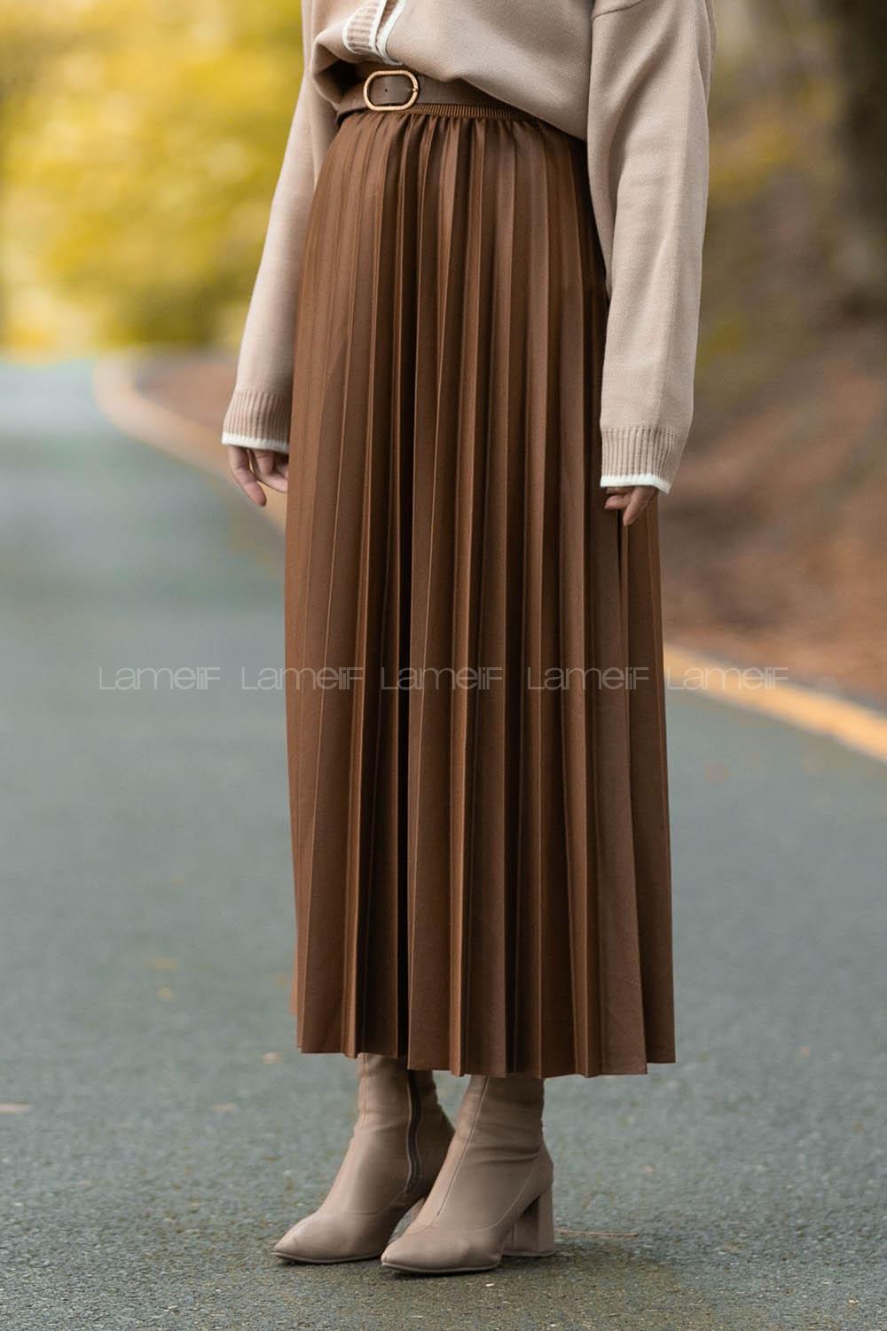 Modalamelif Beli Lastikli Deri Görünümlü Laklı Etek Acı Kahve