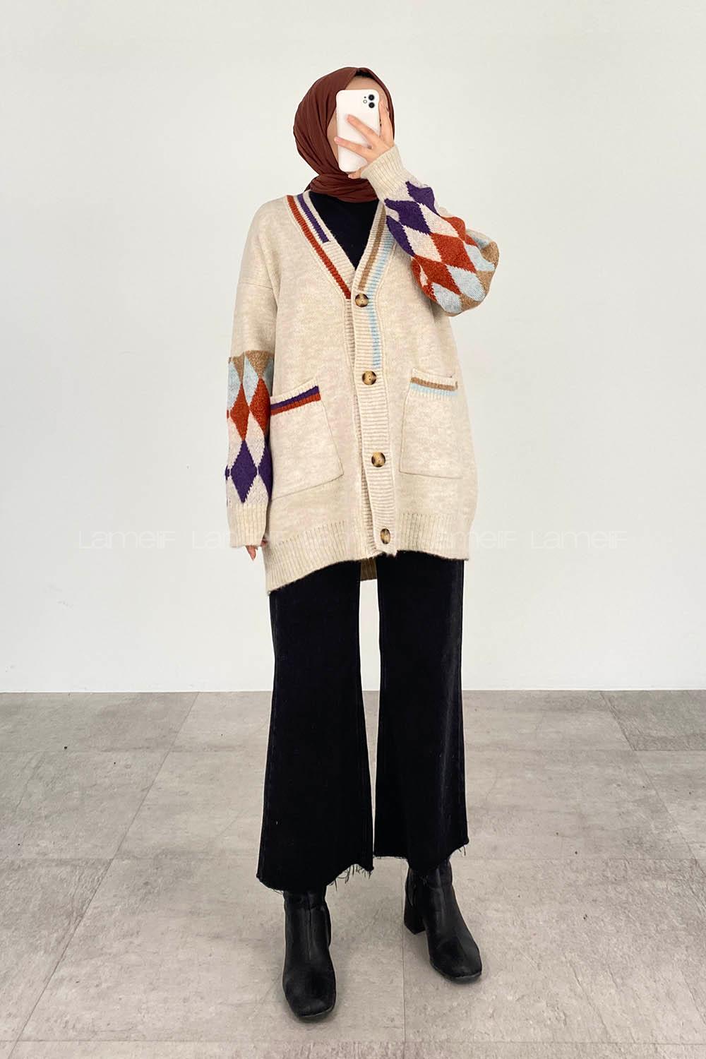 Modalamelif Çift Cepli Kol Garnili Hırka Bej