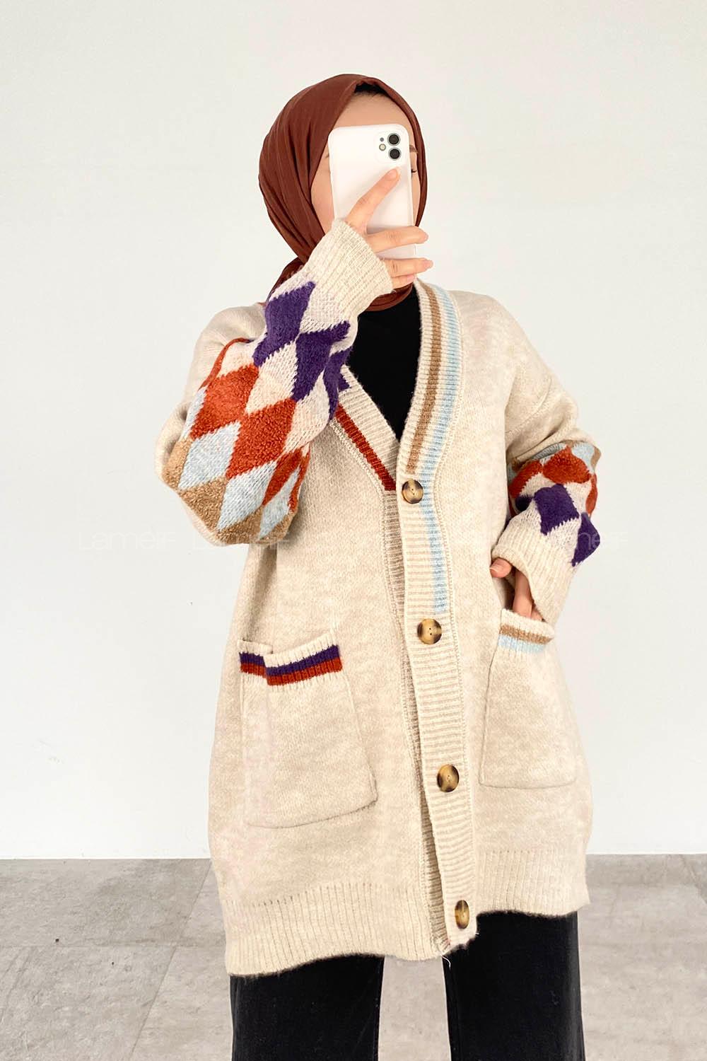 Modalamelif Çift Cepli Kol Garnili Hırka Bej