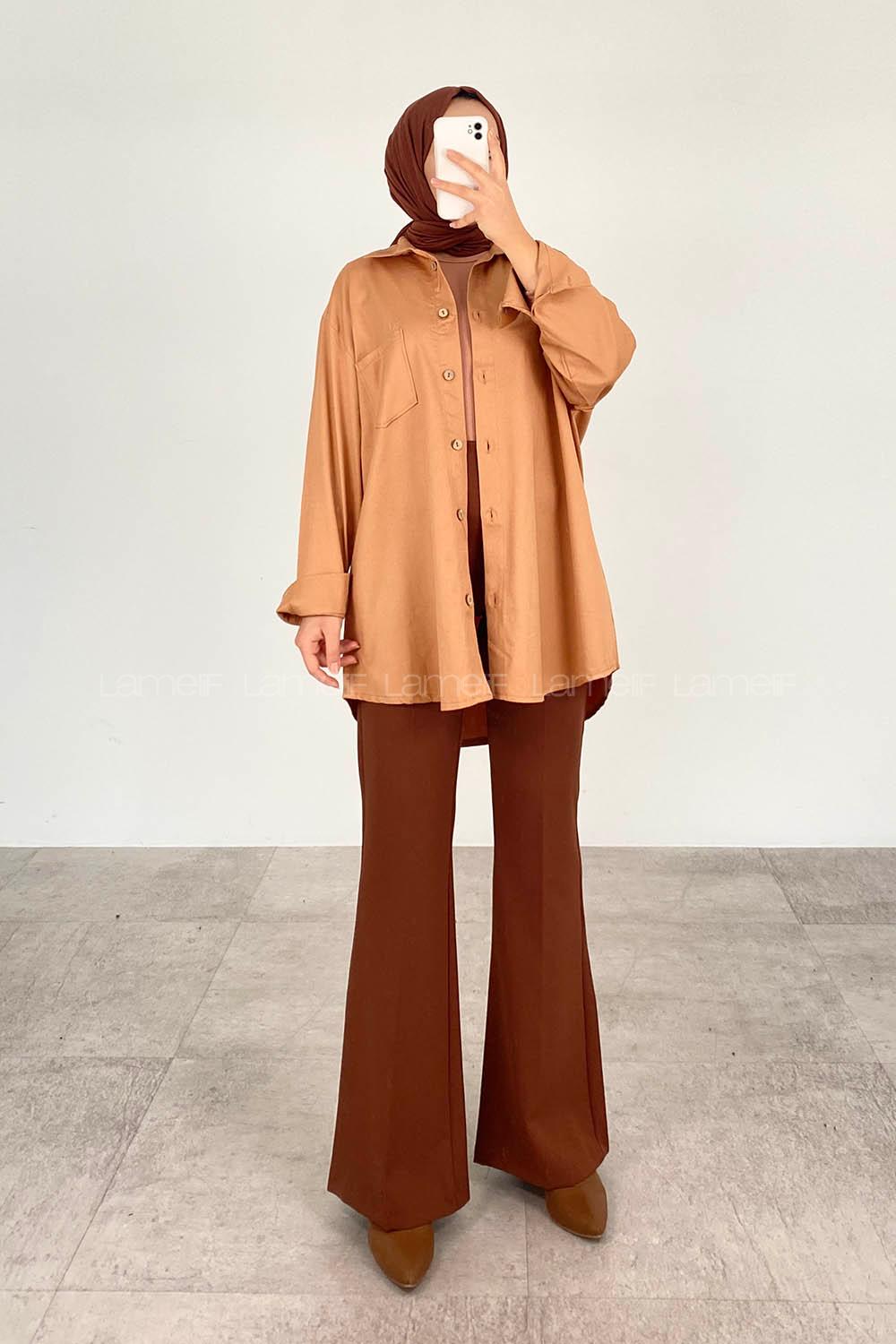 Modalamelif Kapaklı Tek Cepli Tahta Düğmeli Gömlek Taba